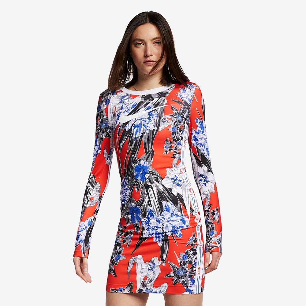 NWT XS Nike orange blue flower logo swoosh long sleeve midi dress streetwear